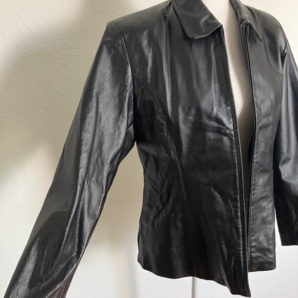 Vintage Leather Jacket with Shoulder pads Moto Classic Black Size Medium Petite - Picture 2 of 8